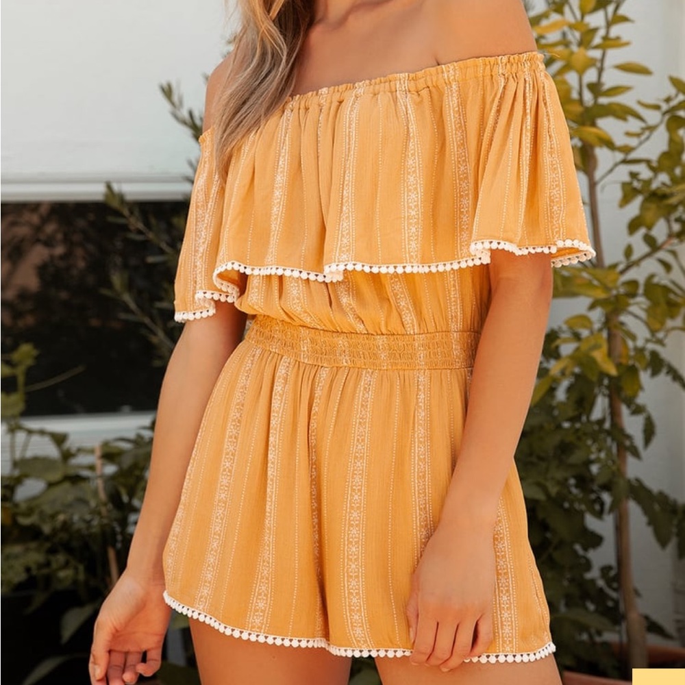 See Ya There Mustard Print Off-the-Shoulder Romper